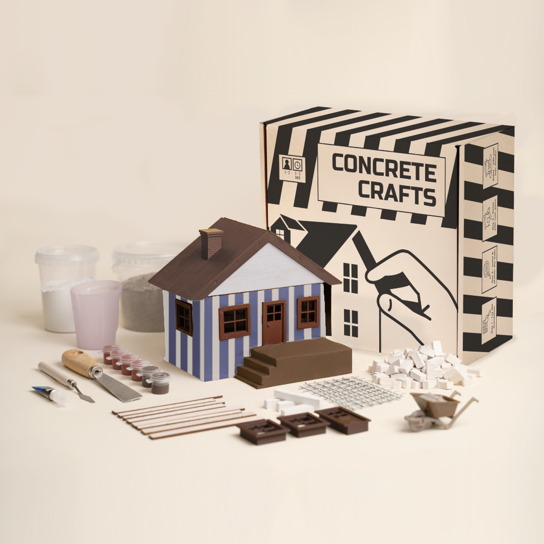 Concrete Crafts miniature house kit with box and all of the tools displayed